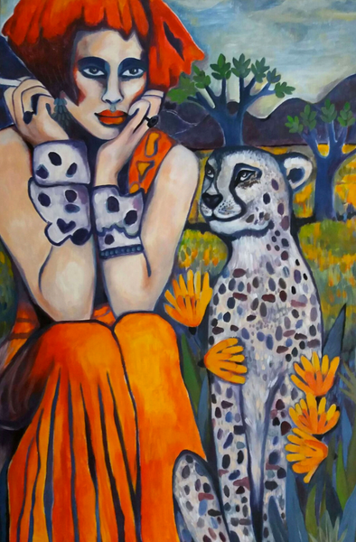 Gabi Domenig - Savannah & her cheeta in front of the purple hills Poster Kunstdruck - Gabi Domenig, Lienz, Österreich Wandbild