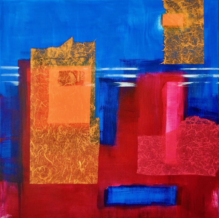 Heike Ponge - Abstrakte grafische Malerei in Blau, Purpur und Orange & Weiß