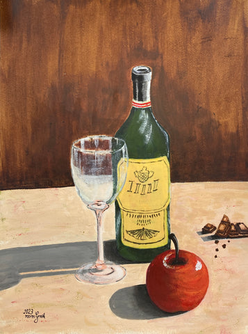 Marietta Groh - 20230410 Stillleben Flasche Apfel Glas