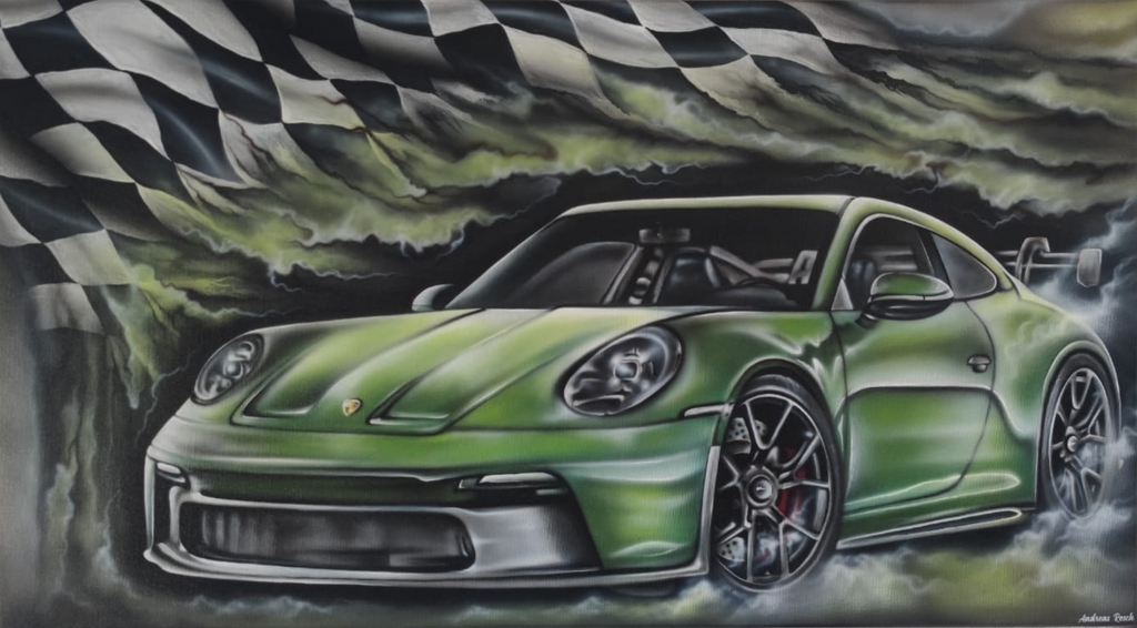 Andreas Resch - Grünes Racing Auto unter Flaggenhimmel