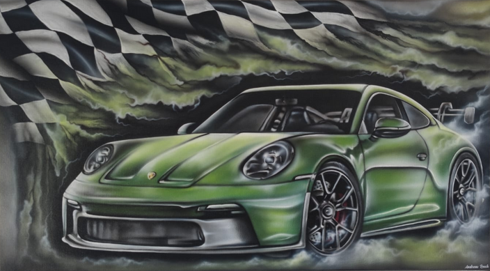 Andreas Resch - Grünes Racing Auto unter Flaggenhimmel
