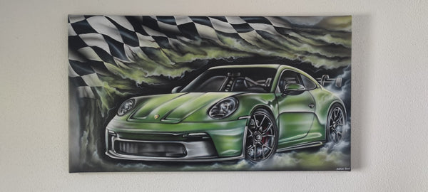 Andreas Resch - Grünes Racing Auto unter Flaggenhimmel