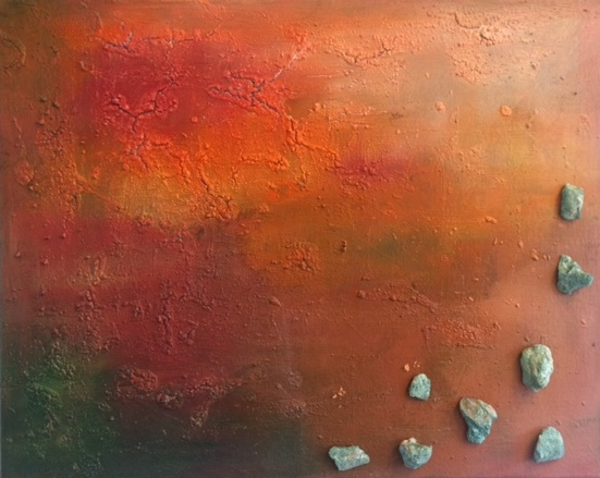 Sandra Kolodjezak - Energiebild Kraft - Kraftfarbe Rot/ Orange und Grün mit Heilstein Fuchsit Poster Kunstdruck - Sandra Kolodjezak, Wolfsburg, Deutschland Wandbild